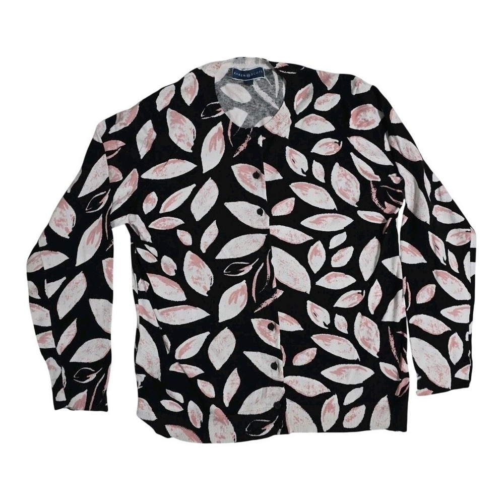 Karen Scott Pink Leaf Print Button Up Cardigan Size Medium Black Casual Workwear